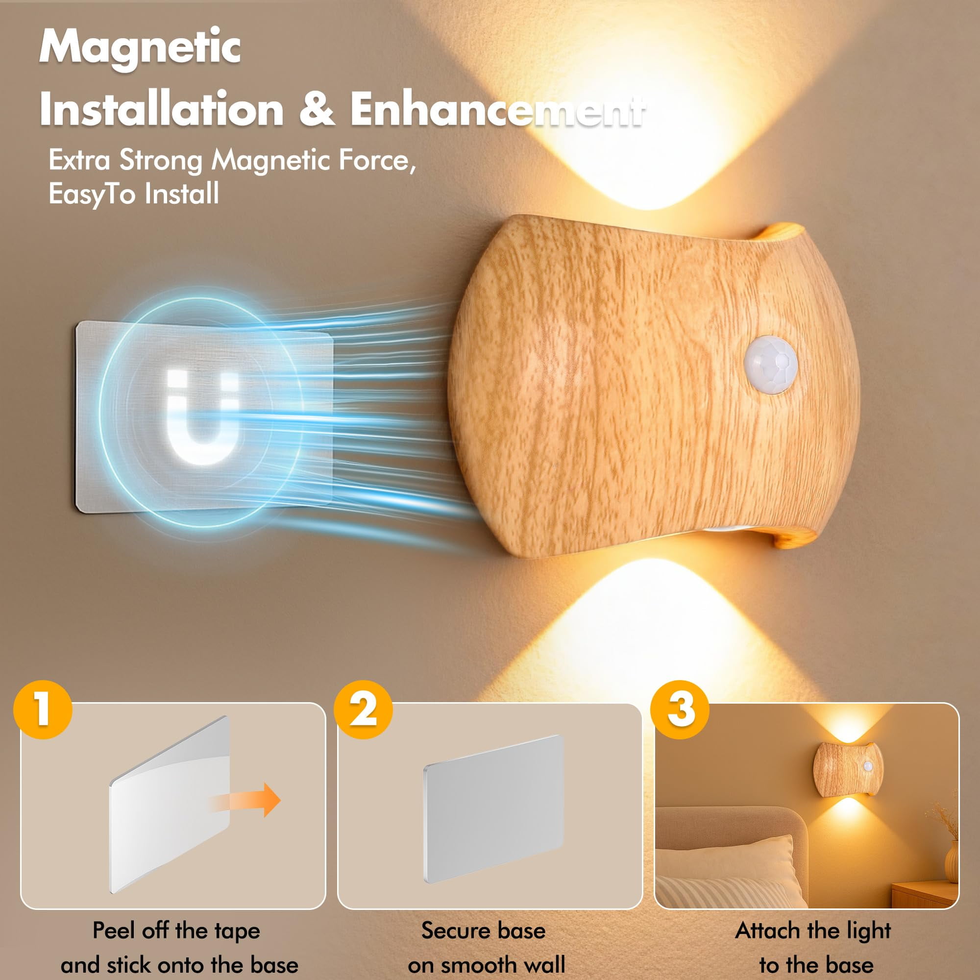 Motion Sensor Wall Lights Indoor - Rechargeable Wall Lights Up & Down, Wireless Battery Operated Wall Sconce Set of 4for Bedroom, Hallway, Stair, Living Room Decor, Wood Cordless Magnetic Wall Lamp