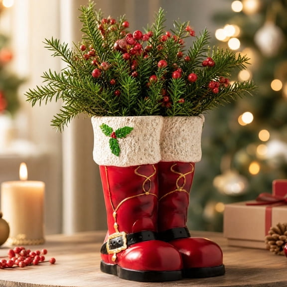 VAIFTILNO Christmas Decor, Santa Boots Tabletop Centerpiece, Resin Red Santa Boot Vase with Artificial Pinecones & Berries, Table Decor for Mantel