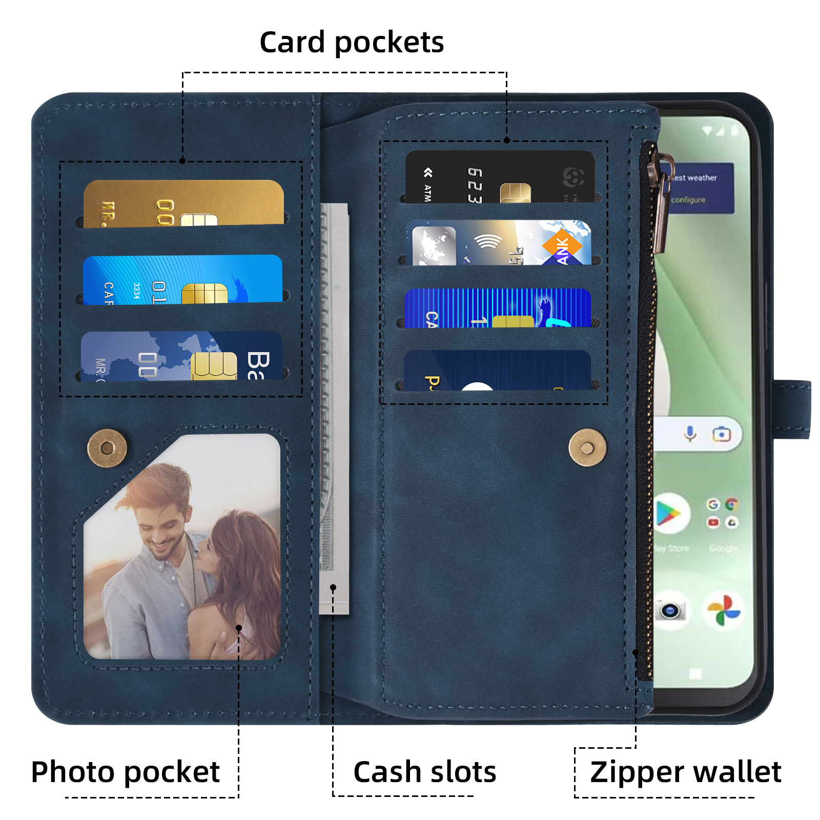 Asuwish Phone Case for Tracfone BLU View 5 B160V Wallet Cover With Tempered Glass Screen Protector Crossbody Wrist Strap Flip Pattern Zipper Card Holder Cell Trac Fone BLUE View5 160V 2024 Women Blue