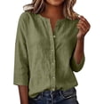 thumbnail image 2 of Only Moment Lightweight Soft Casual Shirts for Women 3/4 Sleeve V Neck Linen Casual Loose Long Sleeve Solid Lapel Long Blouses Tops with Pockets Green,M, 2 of 7