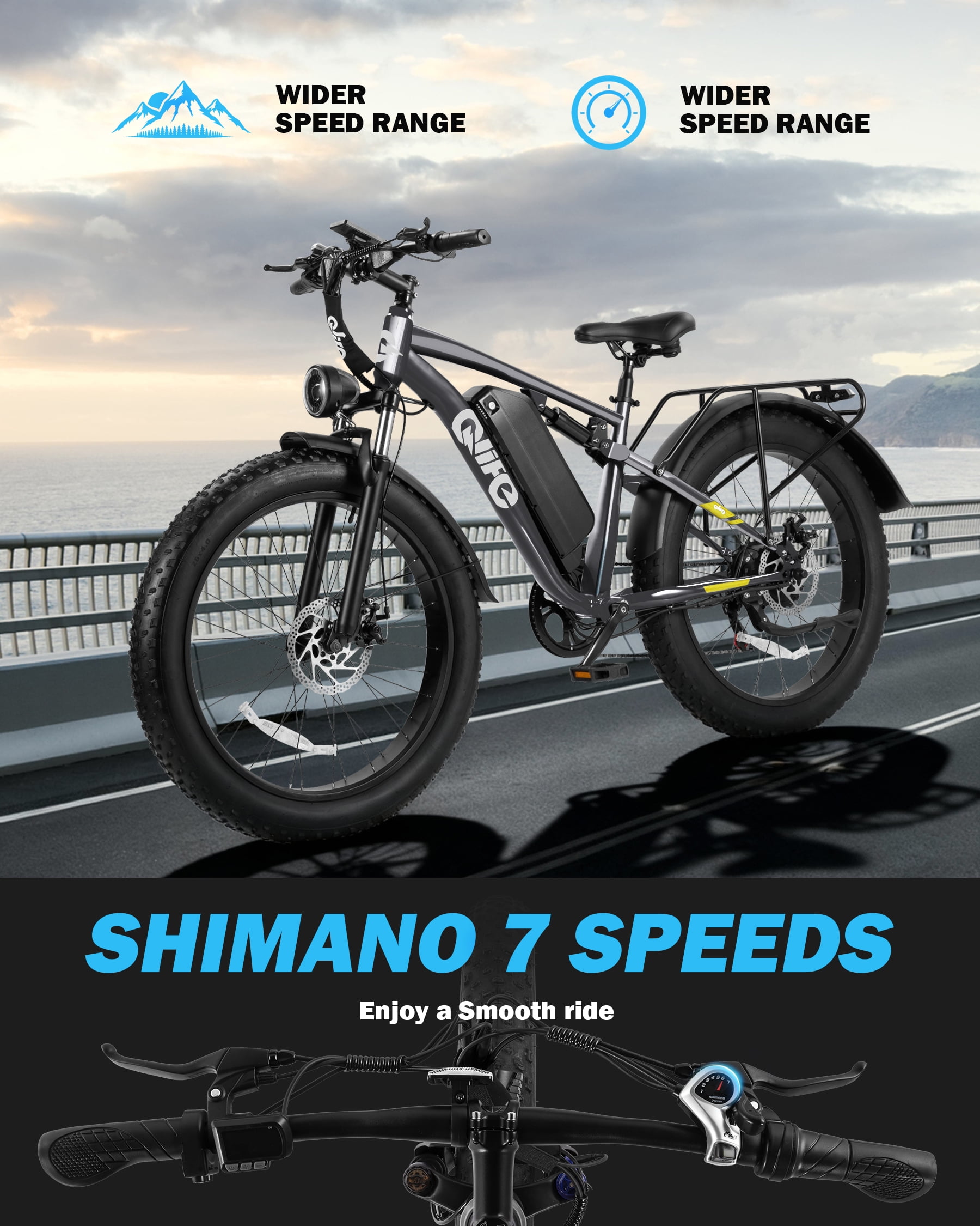 Qlife Racer Plus Electric Bike for Adults Peak 1500W Motor Up to 36MPH, 4.0 Fat Tire Mountain Bicycle with 48V 15.6AH 7 Speed Full Suspension Ebike(Gray)with Lock