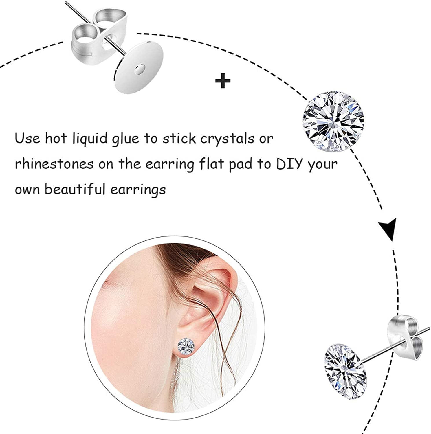 200pcs Nickel-Free Stainless Steel Earrings Posts Flat Pad, Earring Backs for Studs, Hypoallergenic Earring Studs with Butterfly and Rubber Bullet Ear