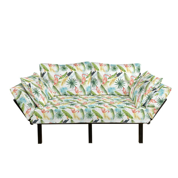 Hawaiian Futon Couch, Watercolor Tropical Pattern with Toucan Parrots ...