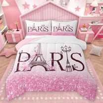 Homewish Romantic Eiffel Tower Bedding Comforter Set, Pink Sequin Print Twin Comforter Sets, Anniversary Blossoms Floral Reversible Bedding Set, Ultra Soft Bedroom Decor, 2pcs