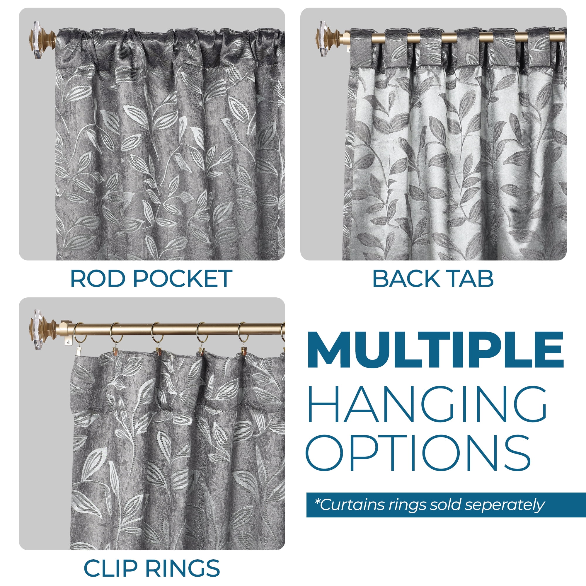 Superior Blackout Leaves Back Tab Curtains Set of 2, Light Filtering Curtain Panel Set, Nickel Black, 52"W x 84"L