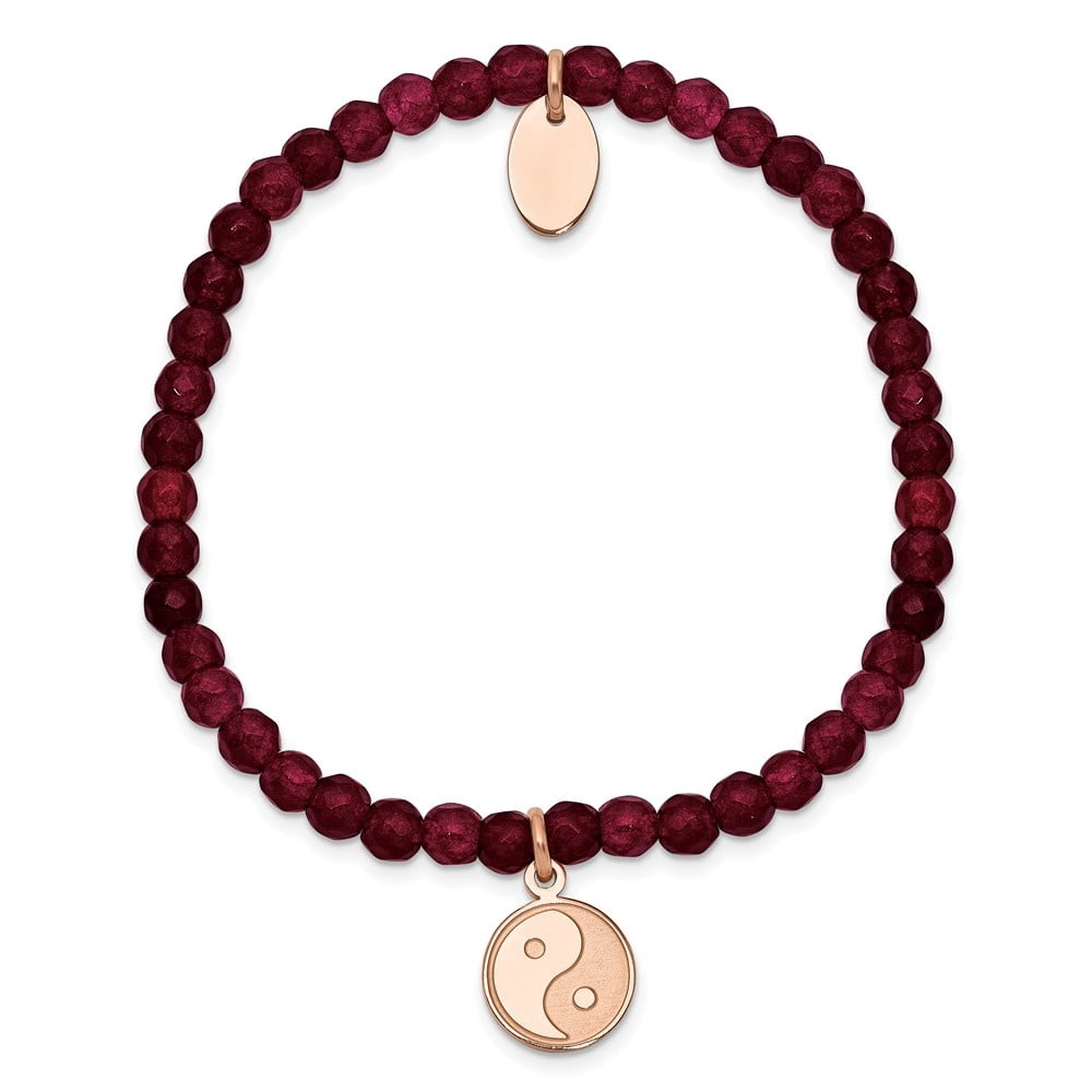 Auriga Mother's Day Gift Stainless Steel and Satin Rose IP-plated YingYang 4mm Red Jade Beaded Stretch Bracelet for Women
