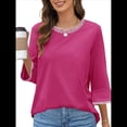 thumbnail image 2 of Blusas de 3/4 para Mujer, Elegantes, Informales, con Cuello Redondo, Holgadas y A , para Rosa Roja XL, 2 of 8