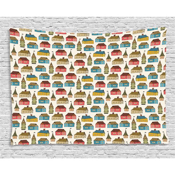 Dutch Tapestry, Hand Drawn Houses Cartoon Dutch Town Abstract Sketch Style Drawing Urban Illustration, Wall Hanging for Bedroom Living Room Dorm Decor, 60W X 40L Inches, Multicolor, by Ambesonne