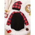 thumbnail image 3 of Seyurigaoka Baby Girls Boys Christmas Romper Tops Letter Santa Plaid Print Jumpsuits Round Neck Long Sleeve Autumn Bodysuits with Hat, 3 of 9