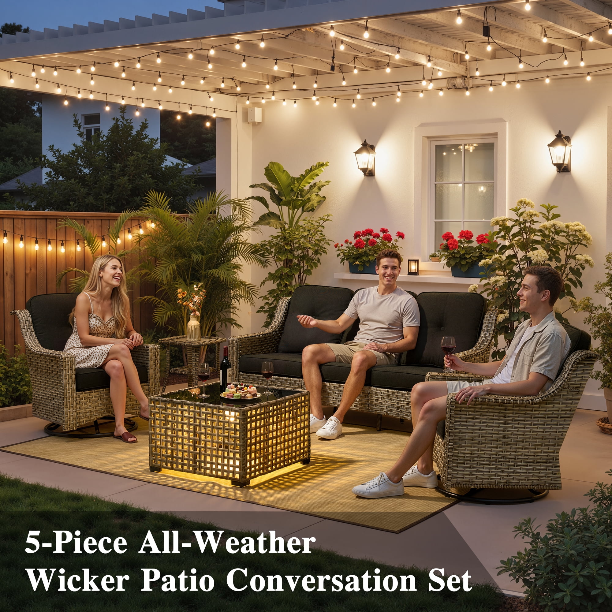 Ovios 5 Pieces Outdoor Patio Furniture Set High-Back Rattan Wicker Conversation Set Outdoor Sectional with Swivel Chairs & Solar Light Coffee Table, Black