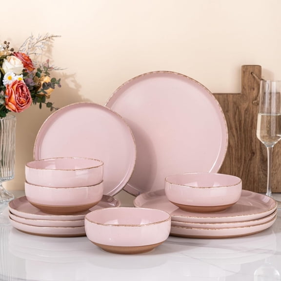 Ceramic Dinnerware Set for 4 People 12 Pieces Handpainted Plates and Bowls Rustic Terracotta Underside Dishwasher and Microwave Safe