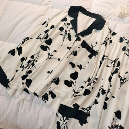 

PIKADINGNIS Spring Autumn Women Home Clothes Satin Silk Pajamas Set for Womens Pyjama Printing Long Sleeve Casual Sleepwear Shirt Nightwear