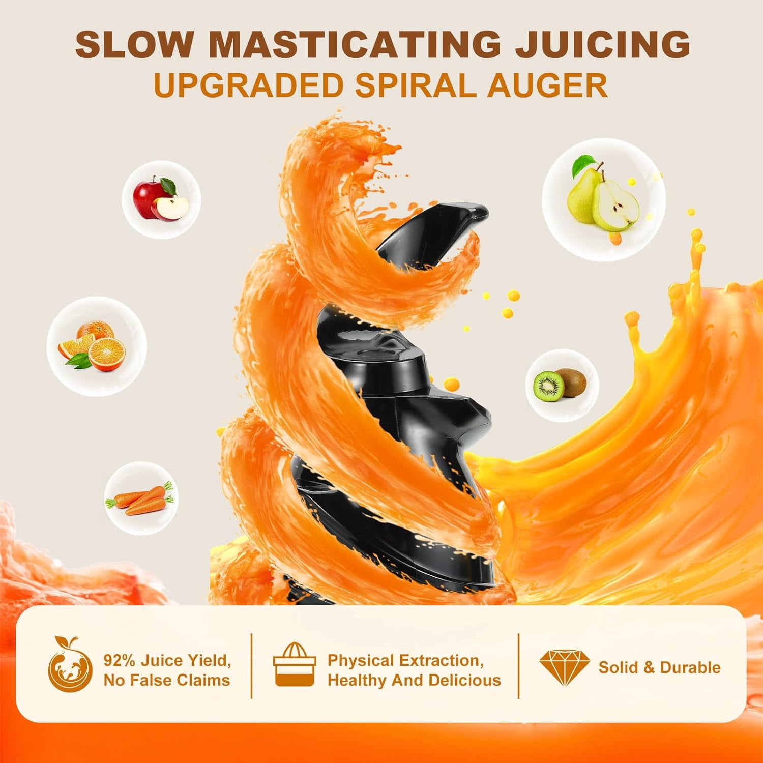 Cold Press Juicer with 4.2 Inch Feed Chute, 250W Masticating Slow  Extractor for Whole Fruit and Vegetable,  Easy Clean