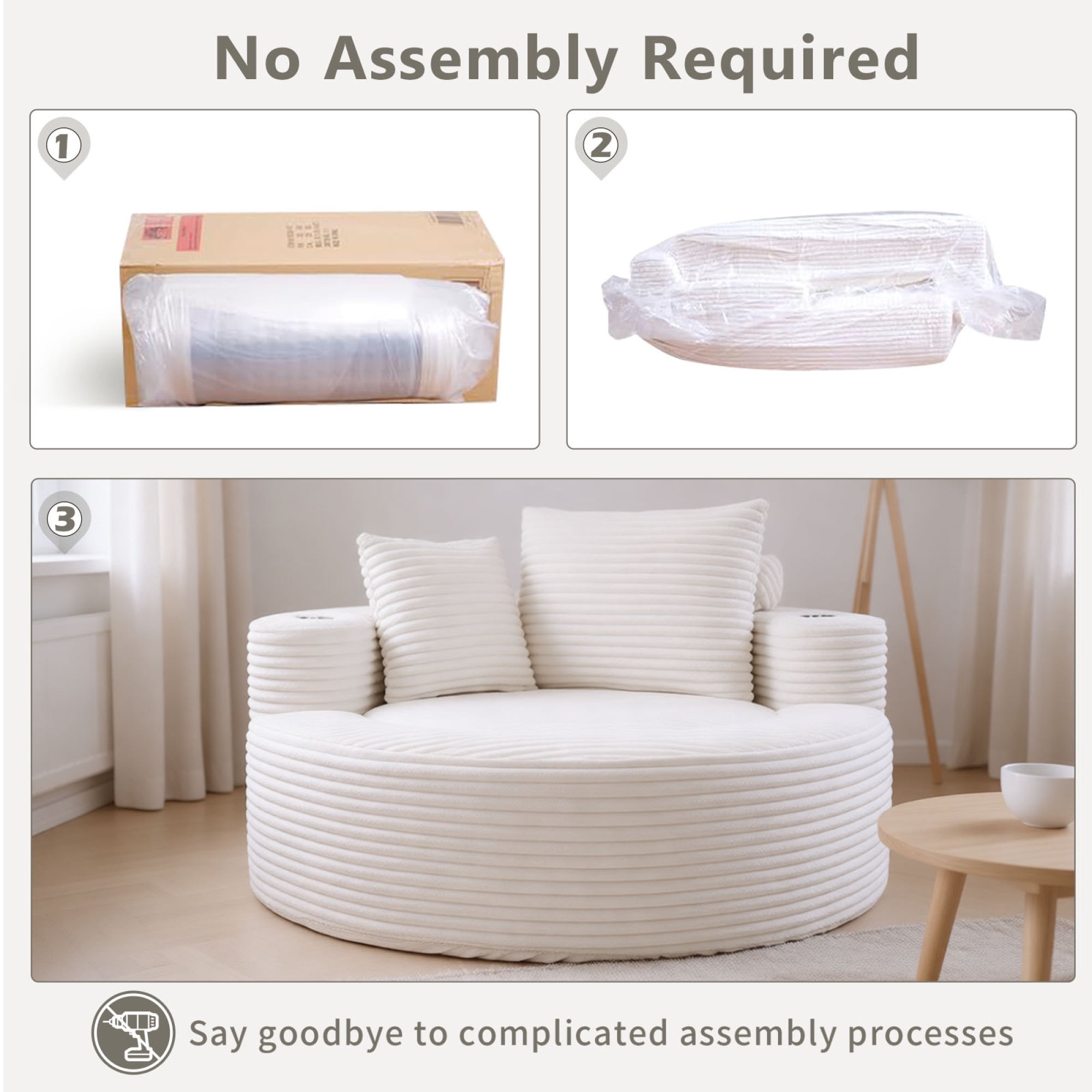 Leumius Oversized Round Chaise Lounge Sofa,Upholstered Lounge Chair with 2 Pillows and Cupholders,Boneless Sofa Couch with Memory Foam,Deep Seat Sleeper Chair for Living Room,No Assembly,White