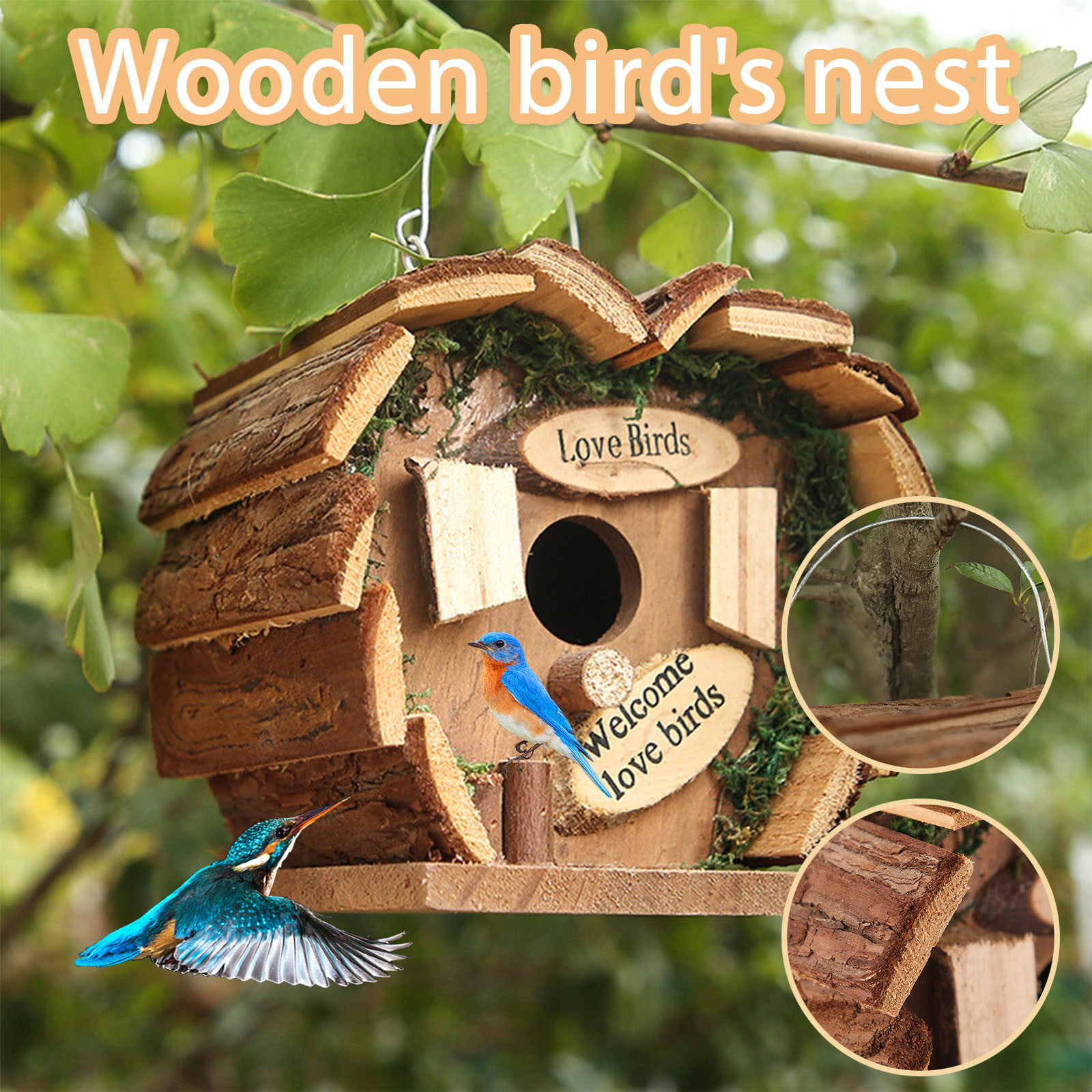 Cute Wooden Bird House Nesting Box Hanging Hook Bird Nest Home Garden Decoration 