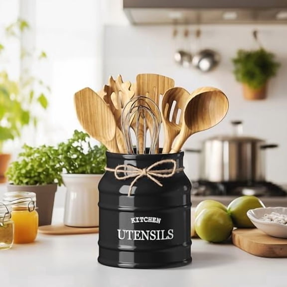 Ceramic Farmhouse Utensil Holder for Kitchen Counter, Large Rustic Utensil Crock, Countertop Cooking Tool Spatula Organizer, 6.75” (Black)