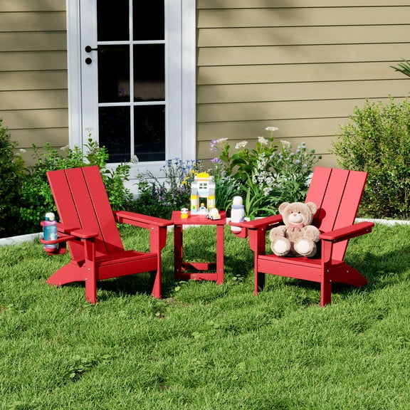 WestinTrends Ashore 3-Piece Kids HDPE Modern Adirondack Chairs Set with Square Side Table and Cup Holders, Red