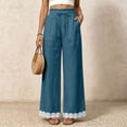thumbnail image 2 of Women's Lightweight Lace Hem Beach Pants Ruffle Elastic Waist Wide Leg Palazzo Pants Textured Summer Pockets Casual Pants Fashion Bottoms Dark Blue, 2 of 7