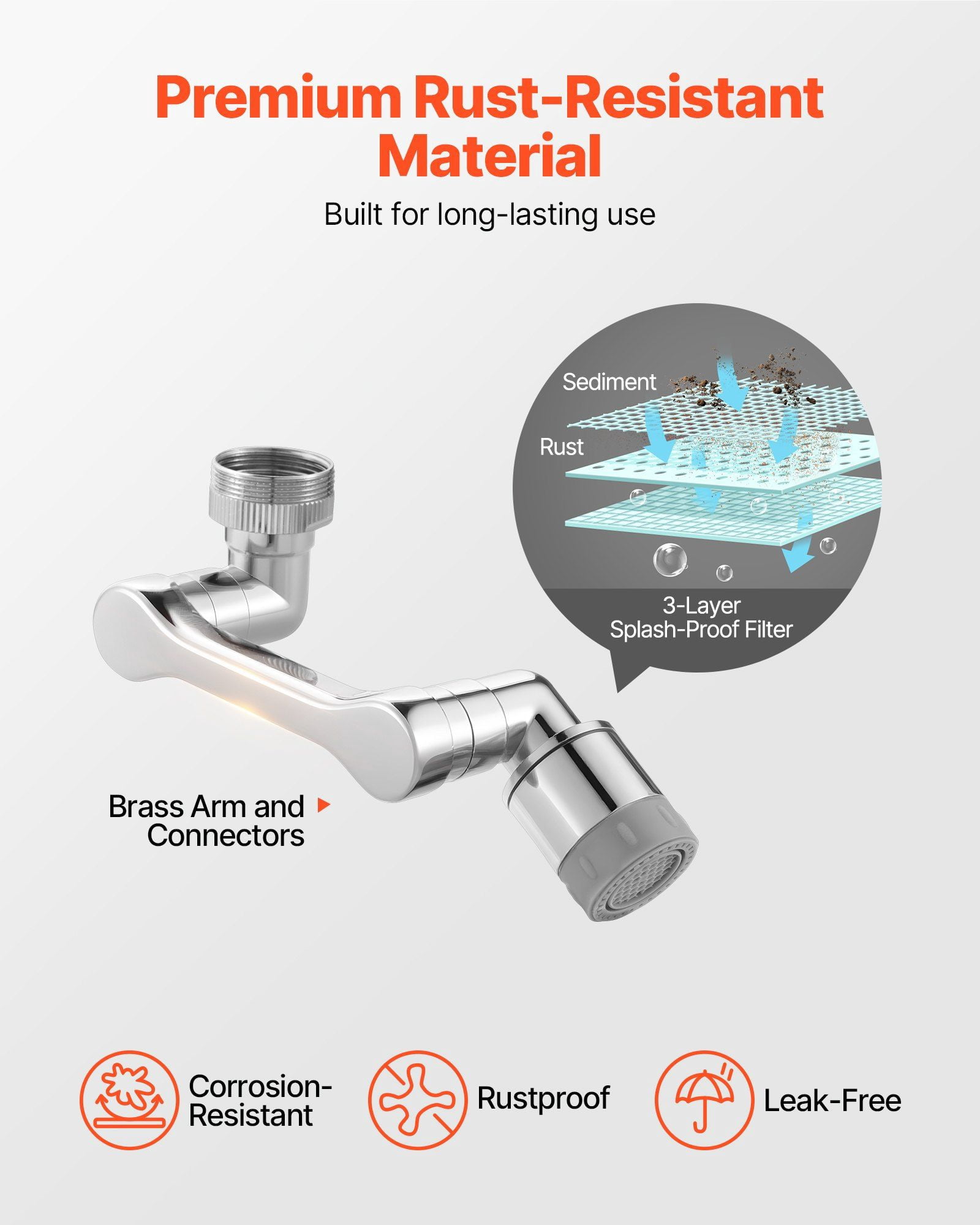 Universal 360° Swivel Faucet Aerator with Extension Arm, Anti-Splash Filter, Easy Install for Kitchen Sink, 2 Spray Modes, Chrome Plated Brass