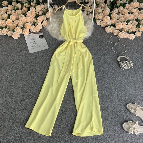 Sevevn Womens Fashionable Casual French Retro Temperament Fashionable Bottom Pants Wide Leg Jumpsuit Yellow Free Size Summer Clearance