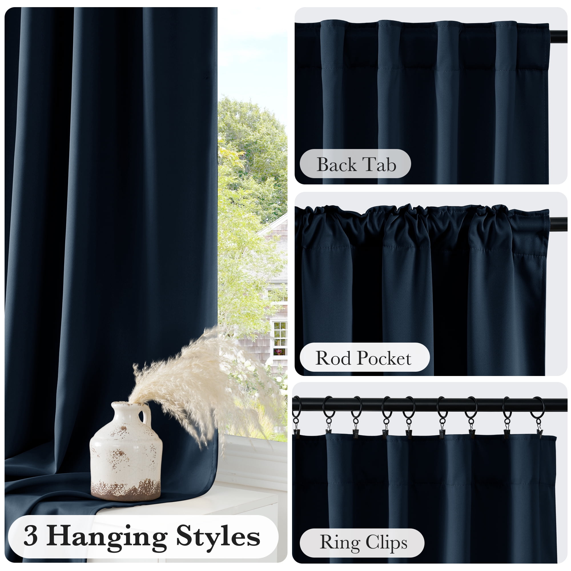 StangH Navy Blue 100% Blackout Curtains 96 inches Long, Back Tab Energy Smart Drapes Soundproof Light Blocking Treatments for Bedroomm/Nursery/Office/Living Room, 2 Panels