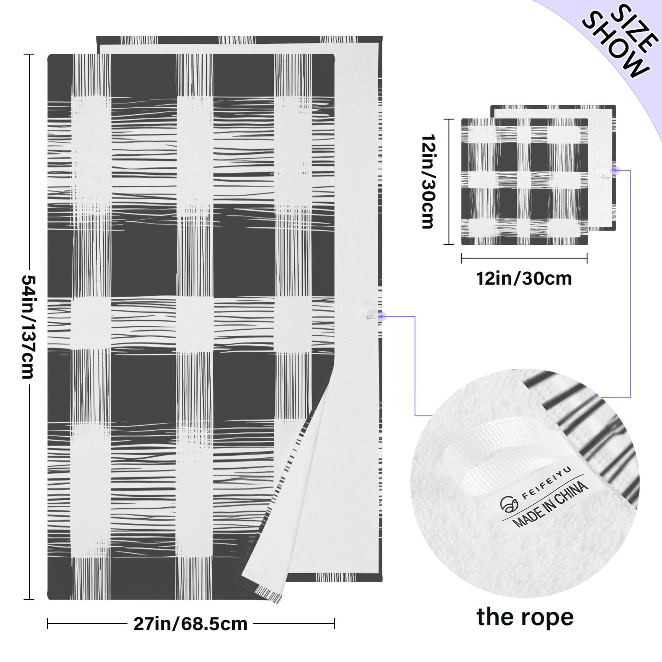 White and Black 2 Piece Cotton Bath and Face Towel Set Soft and Absorbent, for Beach Pool Bathroom