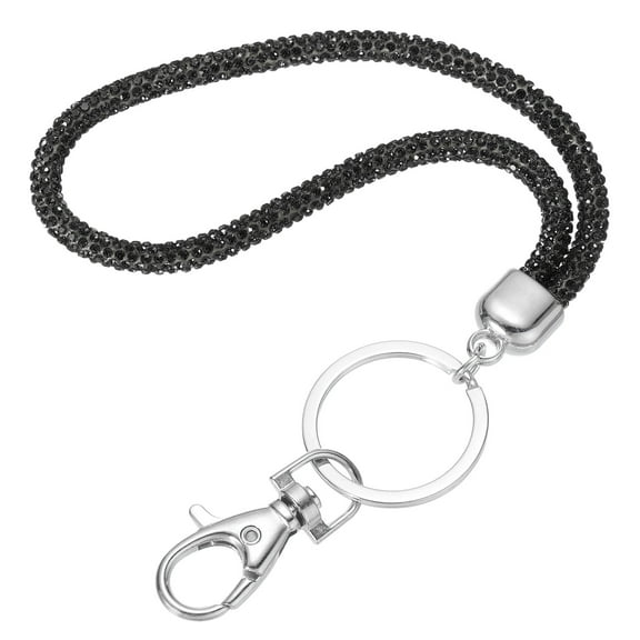 Bling Crystal Lanyard, 30cm(11.8") Phone Wrist Strap with Metal Clasp & Keyring for Women ID Card, Grey Black