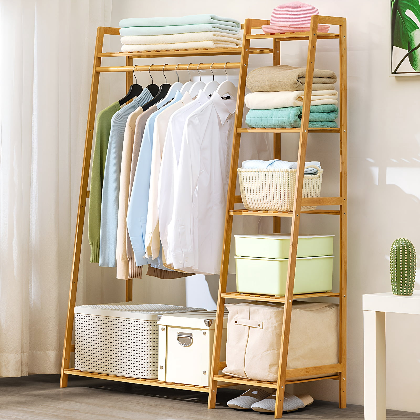 Clothing Rack, Freestanding Garment Hanger with Integrated Shoe Rack and Multi-Tiered Shelves, Wardrobe Storage for Bedroom and Hallway, 43.3x15.7x55.1 Inch Natural