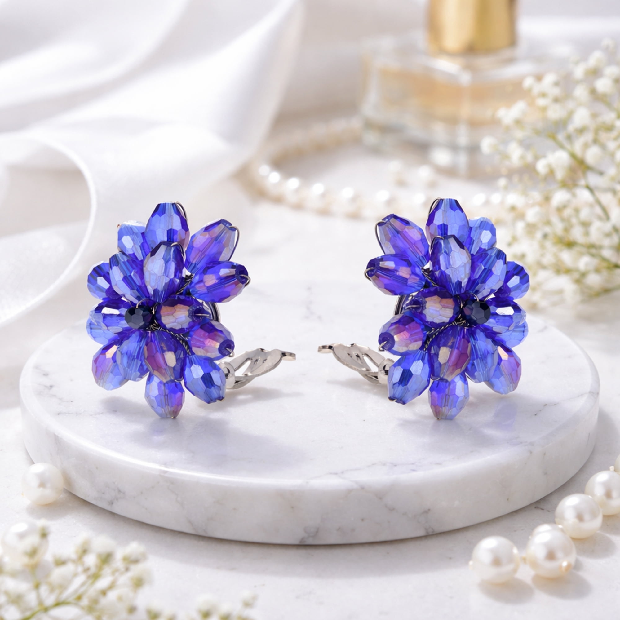Dazzling Purple Chrysanthemum Floral Crystal Clip On Earrings