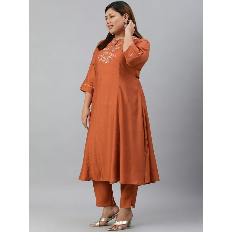 XL LOVE by Janasya Indian Women's Plus Size Rust Orange Poly Silk Kurta  With Pant - Walmart.com