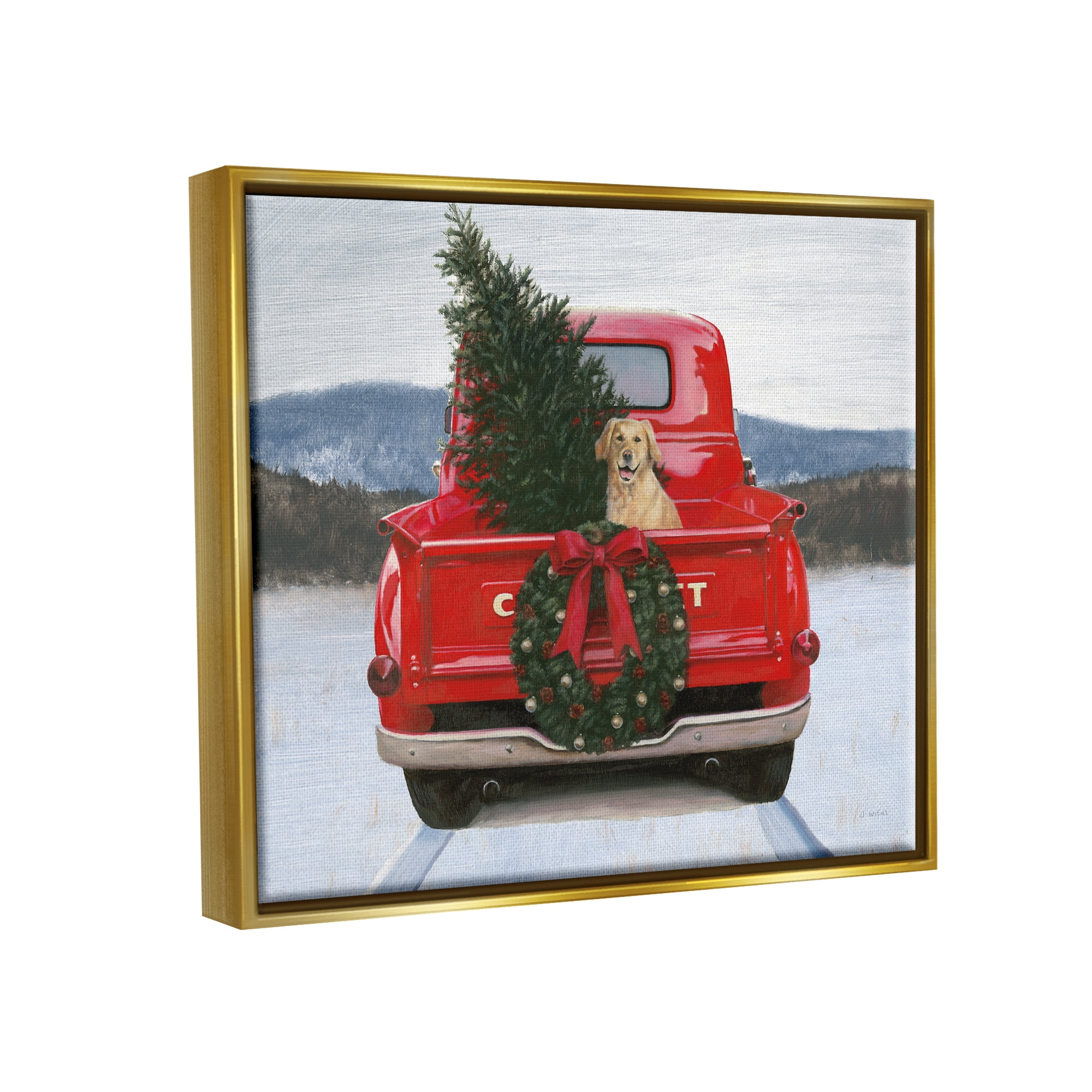 Stupell Industries Holiday Tree in Truck Holiday Painting Gold Floater Framed Art Print Wall Art, 21 x 17