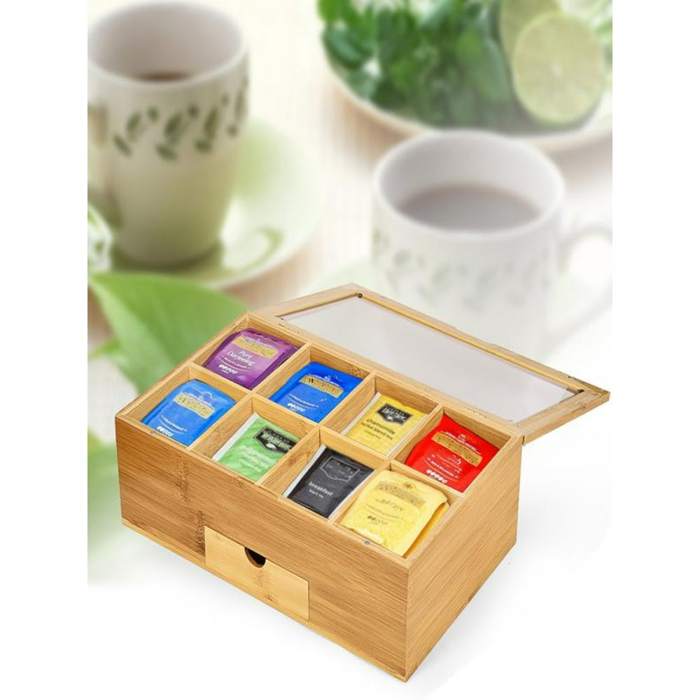 Bamboo Tea Box Organizer Chest 8 Compartments With Small Drawer Tea Storage Bag