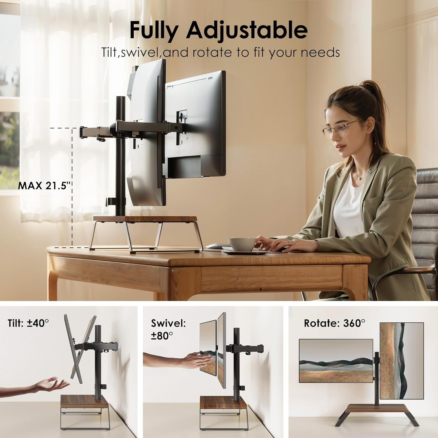 Dual Monitor Stand Riser for 12-27 Inch Screens, Freestanding Adjustable Mount with Wood Platform, VESA 75x75/100x100mm, Holds  to 22lbs Each Arm