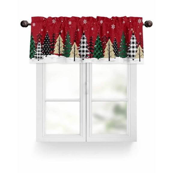 Red Merry Christma Kitchen Valances for Windows Farmhouse Plaid Xmas Trees Snowflakes Valance Curtains for Kitchen /Living Room/Bedroom/ Bathroom Decor, 54"x18 " ,Rod Pocket 1 Panel,