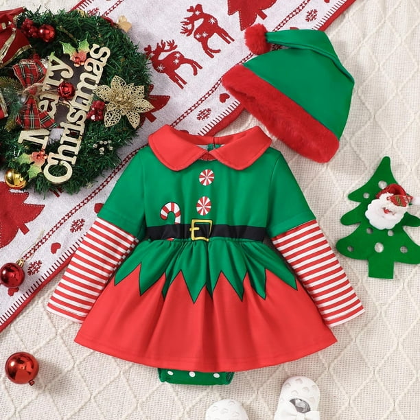 Disfraz de elfo navideño para bebés y niños pequeños, ropa navideña, mono con gorro de Papá Noel, atuendo navideño para niñas, atuendos a juego para hermanos, para bebés, niños y niñas de 6 a 12 meses