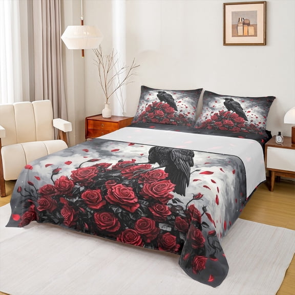 Homewish Romantic Valentine Rose Twin Sheet Sets,Wild Crown Raven Twin Fitted Sheet,Red Flower Floral Flat Sheet For Girls Kids,Breathable Home Decor,3 Pieces