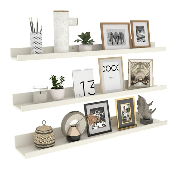 Calenzana 36 Inch Floating Shelves Wall Mounted Set of 3, Wooden Long Picture Ledge Shelf for Living Room Bathroom Bedroom Kitchen Office, Creamy White