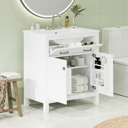 30-inch Bathroom Cabinet With Ceramic Sink, Modern White 2 Doors And Shelf, Gentle Close Door, Robust Structure Solid Construction