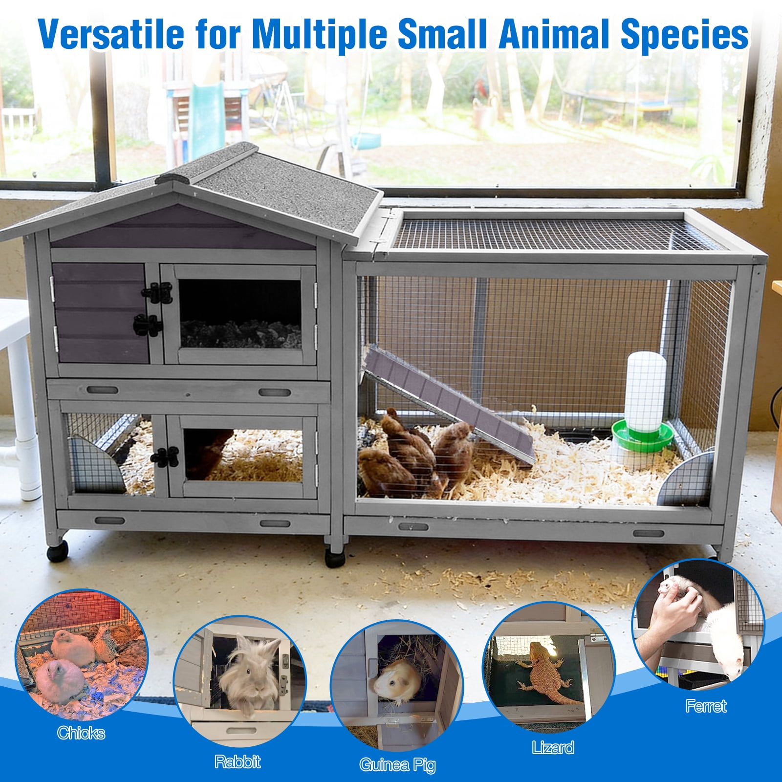 Suumerpety Rabbit Hutch on Wheels Indoor Rabbit Cage Outdoor Bunny Hutch with 3 Plastic Trays & Anti-Chew Ramp Metal Frame Guinea Pig Cage Gray