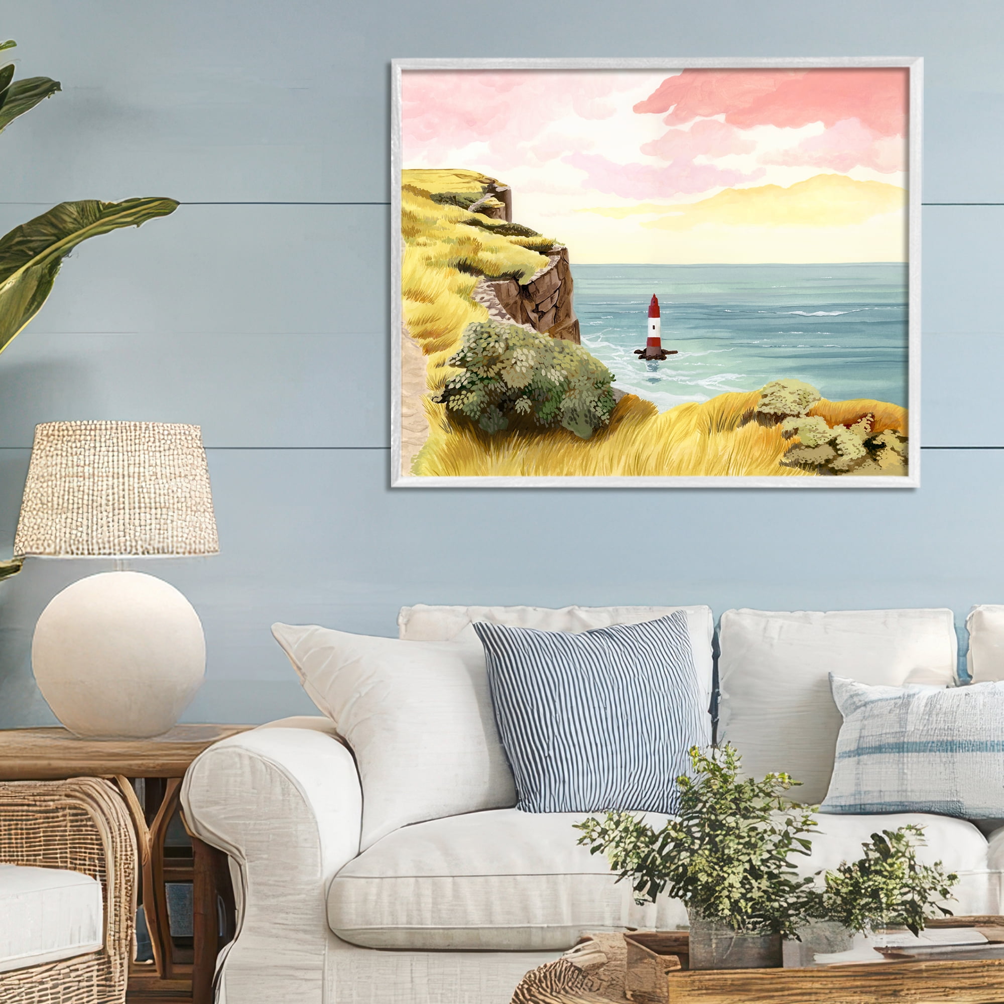 Beachy Head Lone Lighthouse White Framed Giclee Art, design by Courtney Haley