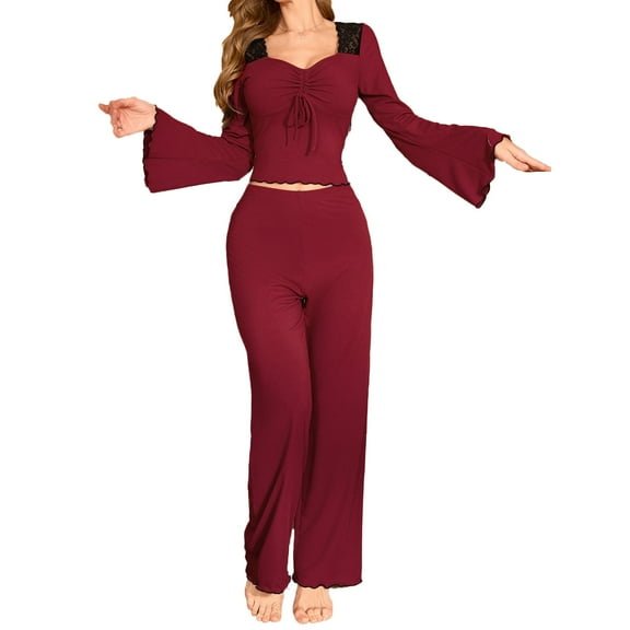 Tnhcen Burgundy Lace Trim Set: S-XL Long Sleeve Lounge Set w/ Flared Cuffs Wide Leg Pants Nylon-Spandex Sleepwear