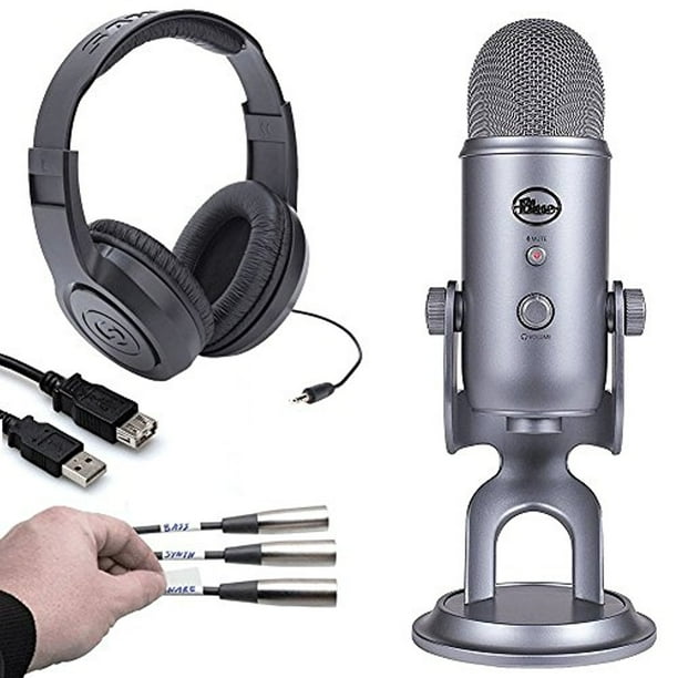 Blue Yeti USB Microphone Space Gray + Stereo Headphones + Label Kit + USB Extension Cable