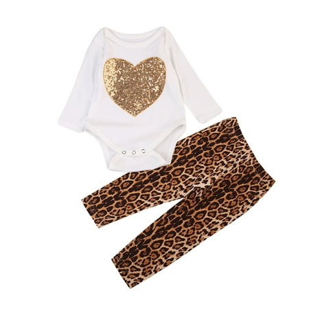 Leopard Heart Pants - Newborn Baby Girls Long Sleeve Heart Romper Tops + Leopard Leggings Long Pants 2Pcs Outfits