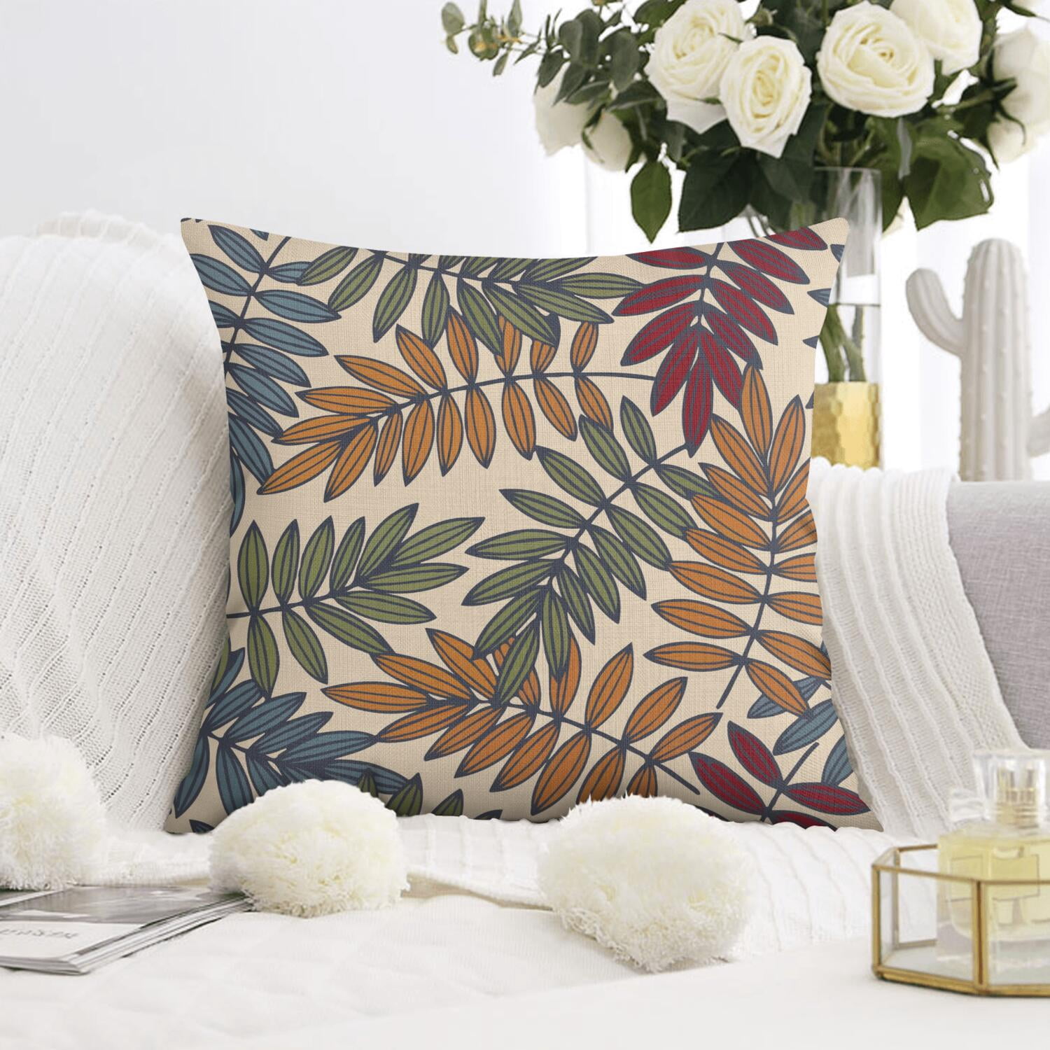 Set Of 4 Multicolored Leaves Tropical Botanical Pillow Covers 20x20 Inch Linen Decorative Square Throw Pillow Covers for Living Room Sofa Couch Decoration