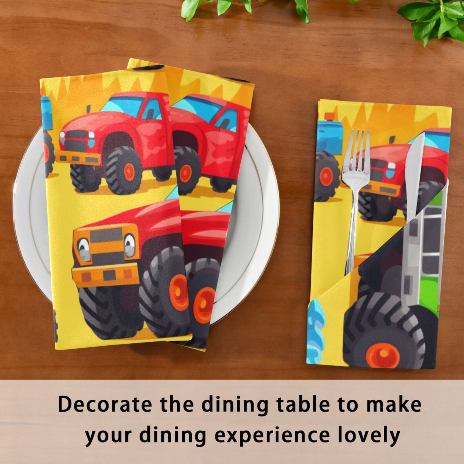 JSTEL Cartoon Trucks Cloth Napkins Set of 6, 20x20 Inch Washable and Reusable Napkin for Decoupage Dinner Party Everyday Use