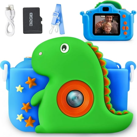 JOYFY 1080P HD Kids Camera with Cute Silicone Case, Christmas Birthday Gifts for Boys 3-10 Year Old, Selfie Video Camera with 32GB SD Card (Dinosaur)