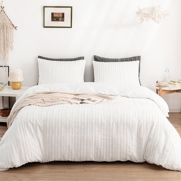 Qookiee White Boho Duvet Cover, Striped Textured Duvet Cover Tufted