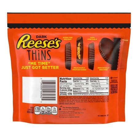 Reese's, THINS Dark Chocolate Peanut Butter Cups Candy, Individually Wrapped, 7.37 oz, Share Bag