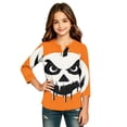 thumbnail image 3 of Girls Halloween Shirt Pumpkin Bat Print 3/4 Sleeve T Shirt Cute Graphic Tee Spooky Season Fall Halloween Outfit Kids Casual Top,2-3 Years,Saffron, 3 of 6