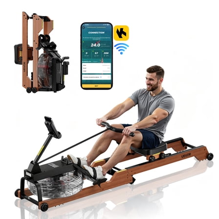 VEVOR Water Rowing Machine, 6-Level Quiet Resistance, Wooden Foldable Rower Machine with 14L Water Tank & LCD Monitor, Bluetooth App Compatible,350LBS Weight Capacity, Immersive Row Machines for Home